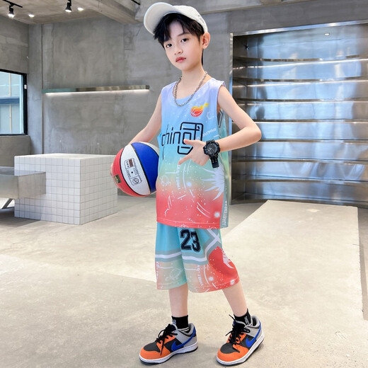 猴兄仔童装男童球服套装夏季新款儿童速干篮球服中大童时尚运动无袖背心短裤两件套男孩衣服3-15岁 蓝色 150(建议身高140CM左右)