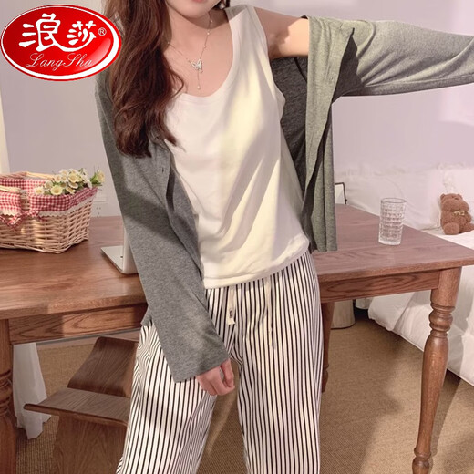 浪莎（LangSha）带胸垫睡衣女春秋款冬季长袖条纹2024新款慵懒风背心纯棉三件套装 728三件套带胸垫不可拆卸】 L 建议体重100-120斤】