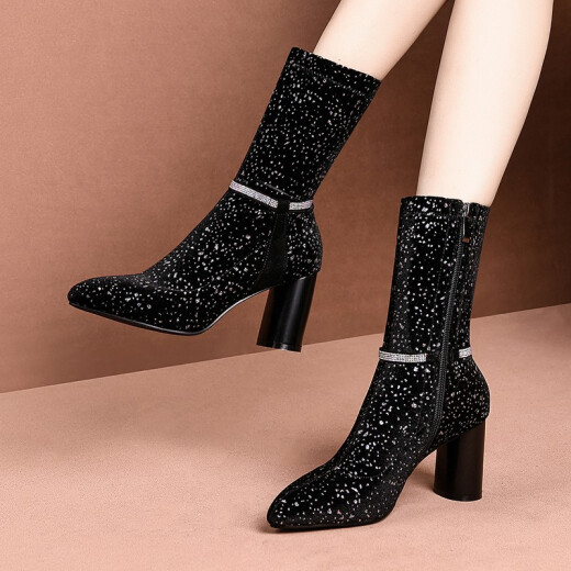 Weiduokino stretch boots for women, thick heel mid-calf boots, women's pointed toe high heels, frosted Martin boots, 2020 autumn and winter new style, European and American trendy rhinestone fashion nude boots, black 37