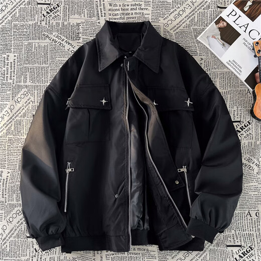 7 high-quality American trendy brand workwear bomber jackets for men in spring and autumn high street handsome trendy design loose casual jacket TMZXF-W78 black L