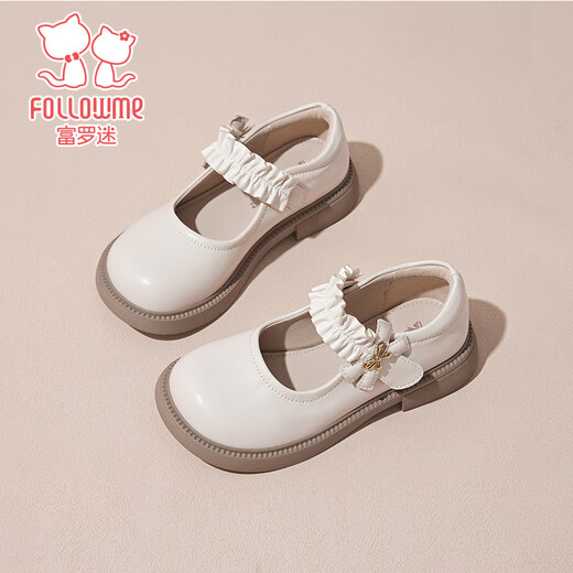 Fuluo Mi Girls' Leather Shoes Spring and Autumn New Square-Odor Breathable Soft Sole Single Shoes Children's Campus Performance Shoes Beige 35