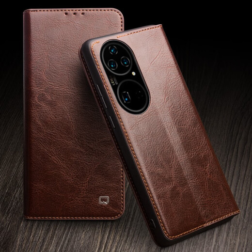 Qialino High-End Leder-Hülle geeignet für Huawei P50pro Mobiltelefon Hülle P50E Schutzhülle Full Cover Echtes Leder Anti-Fall-Fall-Männer und Frauen Huawei P50/50e Classic Brown