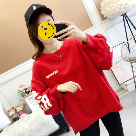 Langyue Women's Autumn T-shirt Zodiac Year Sweater Women's Korean Style Loose Casual Student Long-Sleeved Pullover Top Trendy LWWY197511 Red M/One Size