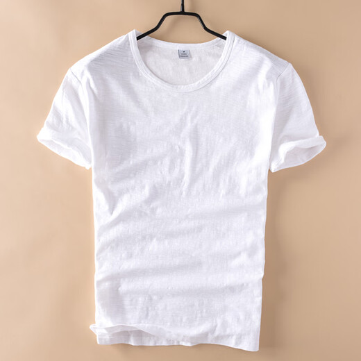 Extreme linen basic round neck slub cotton T-shirt for men, casual thin, white, slim, soft, Japanese style, versatile men's T-shirt, white XL (140-160Jin Jin is equal to about 0.5 kg)