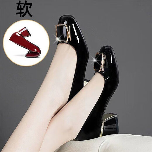 Dadong Mot secret en cuir doux Solide Sole Single Chaussures 2025 Printemps et été Nouveau talon moyen talon épais talon non glissé Light Mouth Chaussures en cuir haut de gamme Chaussures Beibai 37