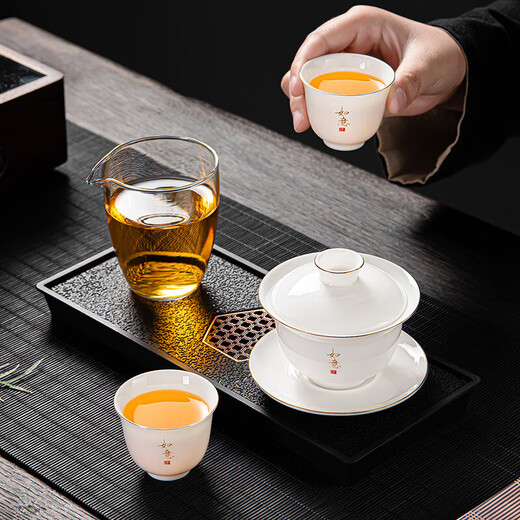 Qixuanyuan mutton-fat jade porcelain Kung Fu tea set three-piece set for home hotel dormitory tea bowl three-capacity cover bowl tea cup with tea tray