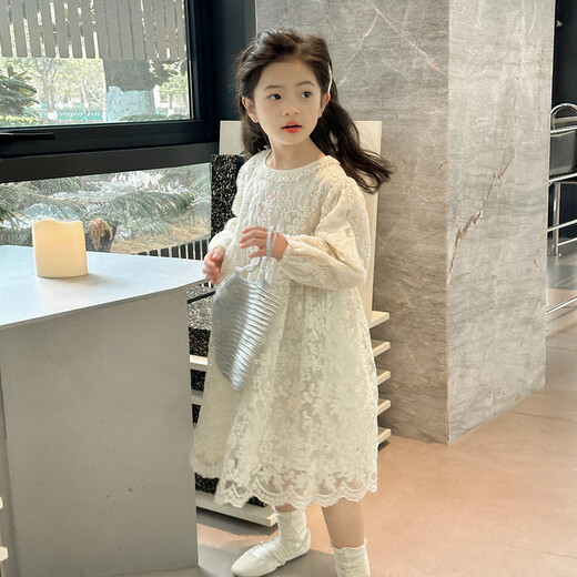 Tutu Little Elephant Girls Dress 24 Spring and Autumn Western Style Children's Fairy Dress Lace Jacquard Puff Sleeve Princess Dress Apricot 120