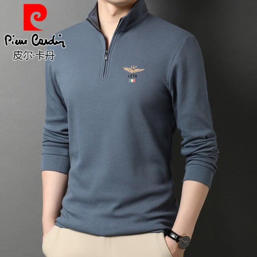 Pier Cardin [Light Luxury High-End] Halbzipper-Standkragen Langarm T-Shirt für Herren Frühling und Herbst reines Baumwollgeschäft Casual Sweatshirt Strick 6625 Top Blue plus Vlece verdickt 165