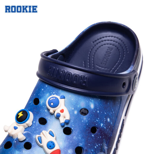 ROOKIE children's shoes, boys' and girls' clogs, summer new children's beach toe-cap sandals, with 6 cartoon buckles, feather white/midnight blue 31 32, suitable for feet 19.5-200cm long