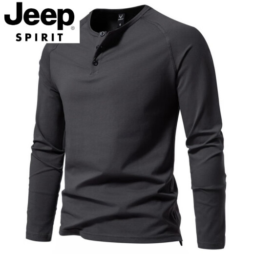 Jeep Spirit Spring und Sommer Herren reines Baumwoll Henry Kragen Langarm T-Shirt Jugend Europäer und Amerikaner Einfache Stretch Slim Slim Visual Basis Hemd Dunkelgrau L [130-140jin [Jin gleich 0,5 kg]]