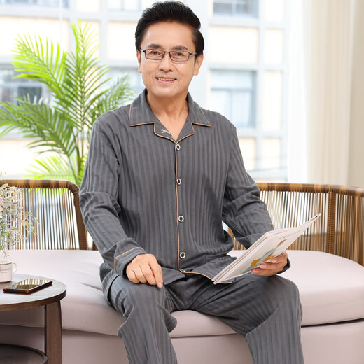 猫人男士睡衣中年中老年人春秋款季新疆棉长袖家居服秋冬款爸爸父 9905 2XL 建议150-180斤