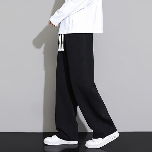 Woodpecker Casual Pants Men's Autumn and Winter New Lace-Up Wide-Leg Velvet Trousers Loose, Trendy and Versatile Straight-leg Sports Pants Men's Black Straight-leg Regular XL (Recommended Weight 145-160 Jin Jin is equal to 0.5 kg)