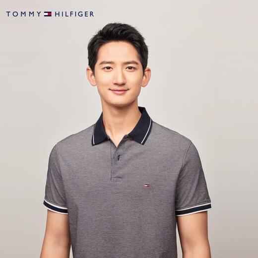 Tommy Hilfiger breathable and comfortable spring and summer men's pique mesh business floral gauze trim lapel short-sleeved T-shirt POLO dark gray DW5 L (recommended 150-165Jin Jin equals 0.5 kg)