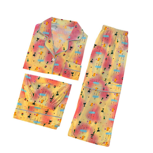 三件套睡衣女夏秋新款少女短袖彩色多巴胺印花宽松高颜值家居服 套KK14117红色 2XL【建议135-145斤】