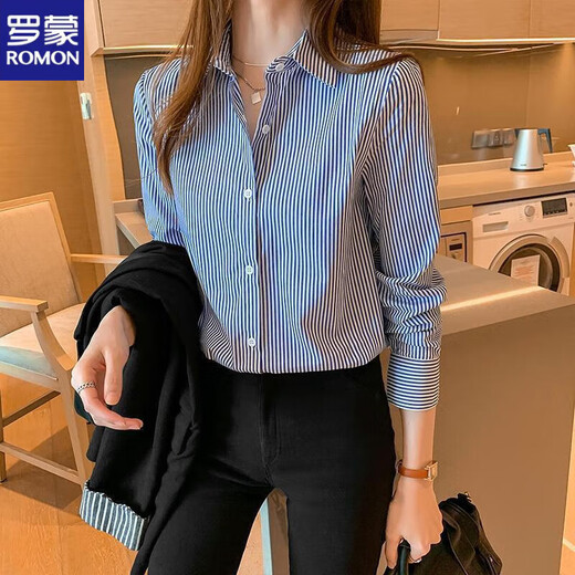 ROMON plus velvet striped shirt for women 2026 autumn new blue design niche shirt autumn and winter long-sleeved tops versatile blue and white stripes (plus/velvet style) XL