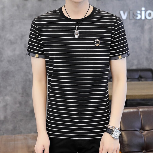 Juecho Pure Cotton New Striped Short Sleeve T-Shirt Herren Sommer Trendy Slim Sweatshirt Korean Round Neck T-Shirt Top Black XL (125jin [Jin entspricht 0,5 kg] -140jin [Jin gleich 0,5 kg]))