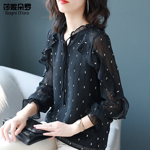 莎妮朵罗加肥加大码女装宽松胖mm胖妹妹套头V领雪纺小香风上衣妈妈装15246 黑色 2XL建议110-130斤穿着