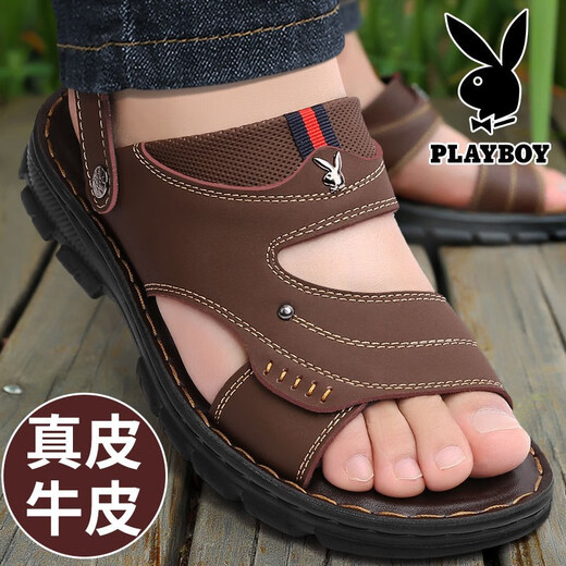 花花公子（PLAYBOY）沙滩鞋牛皮男士凉鞋真皮夏季凉拖两用夏天防滑凉鞋透气大码可泡水 835棕色 37
