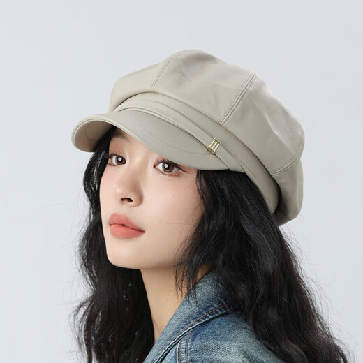 Jimmy leaf leather U octagonal hat for women in autumn and winter new style light luxury beret retro British painter hat black one size M (56-58cm)