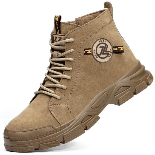 Jiuzhou War Wolf High-Top-Arbeitsschutzschuhe Männer Anti-Smash Anti-Puncture Anti-Scald-Schweißstiefel Anti-Slip-Anti-Wear-Herbst- und Winterarbeitsschuhe 698 Khaki [Reverse Fleece Cowide] Stahlzehen 43