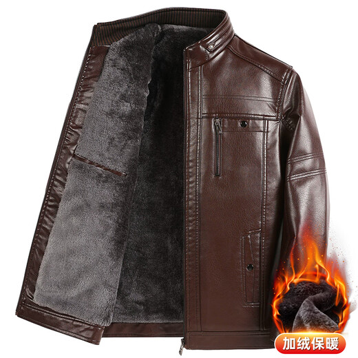 Woodpecker (TUCANO) Haining leather jacket for men, middle-aged dad, autumn and winter leather jacket, men's velvet thickened coat, middle-aged and elderly soft leather top, black coffee color 180