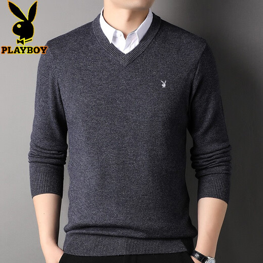 
Playboy full cardigan for men knitted fake two-piece sweater for men casual cardigan top clothes middle-aged and young lapel autumn and winter new sweater men's wool sweater solid color warm Korean version 6173 Navy blue 190/4XL