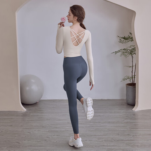 LULU CENTURY Yoga top with chest pad for women's beauty back fitness Pilates training quick-drying breathable long-sleeved new suit milk white long-sleeved M