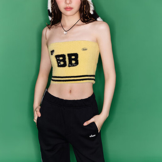 CHUU字母抹胸背心女2024年冬季新品修身毛绒撞色爱心刺绣针织上衣 浅黄 00