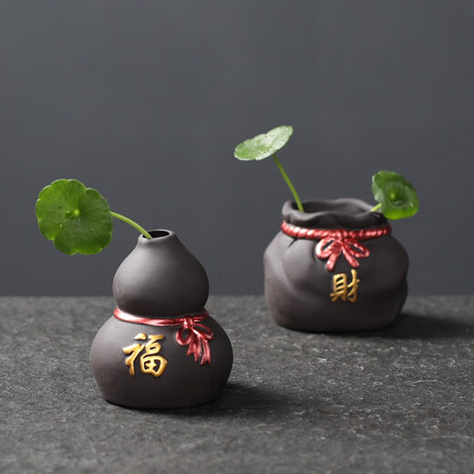 Yuxuan Fingertip Small Tea Pet Purple Clay Purple Creative Clay Painted Vase Mini Zen Small Five Blessing Flower Ornament Single Fingertip Small Flower Vase--Fu