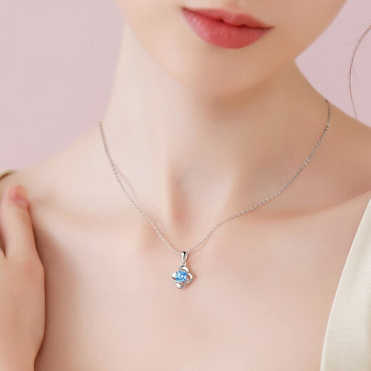 Falinro Ocean Heart Necklace Women's Heart-Shaped Gemstone Pendant High-end Light Luxury Silver Jewelry 520 Valentine's Day Gift for Girlfriend 1 Carat Topaz Four-Leaf Clover Necklace Free Engraving + Certificate