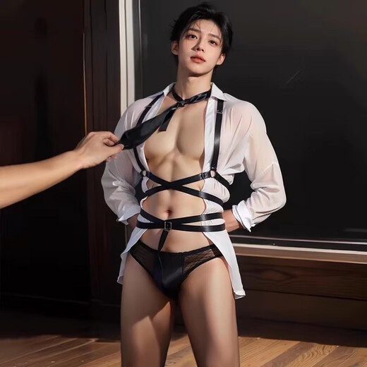 男性制服2025新款性感男士专用大码攻速战袍sm羞耻丁字裤 黑网纱长袖罩衣+开裆连体衣+腿 均码 建议体重110-160斤