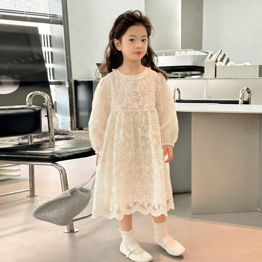 Tutu Little Elephant Girls Dress 24 Spring and Autumn Western Style Children's Fairy Dress Lace Jacquard Puff Sleeve Princess Dress Apricot 120