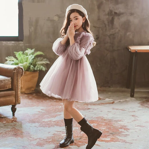 HUTUGOU Girls Dress Spring and Autumn New Children's Long-Sleeved Princess Dress Little Girl Fashionable Korean Style Puff Dress 0826 White Velvet 120 (Recommended Height 106-116)