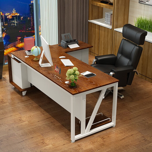 Zimulin boss desk office desk and chair combination president desk office computer desk executive desk modern simple home atmosphere 1.8 meters white frame + golden oak color with warm white