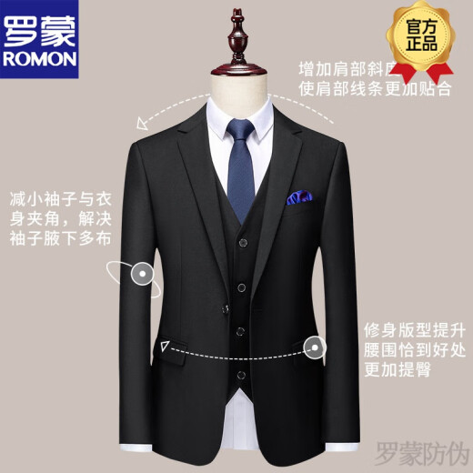 罗蒙（ROMON）西装男套装结婚新郎西服三件套感伴郎服修身商务正装新品 HYX-87881-PYLQ1098-藏青色  西 2XL 【135-150斤】