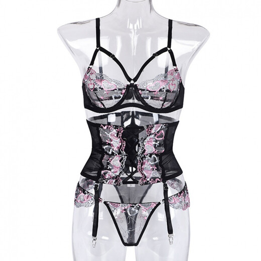 Frauen 2022 Neue europäische und amerikanische sexy Mesh Stickerei, Hose hohles Strumpfband Drei-teiliges Set, Black S