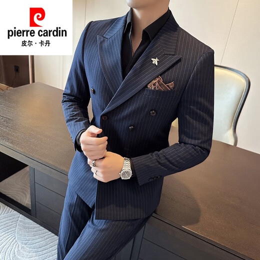 Pierre Cardin peaked lapel double-breasted suit men's slim suit plaid small suit business formal groom groomsmen wedding dress navy 3XL