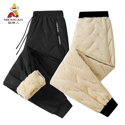 Scarecrow (MEXICAN) casual pants for young men, plus fleece pants for men, thickened warm cotton pants, windproof and waterproof pants, black leggings 2XL