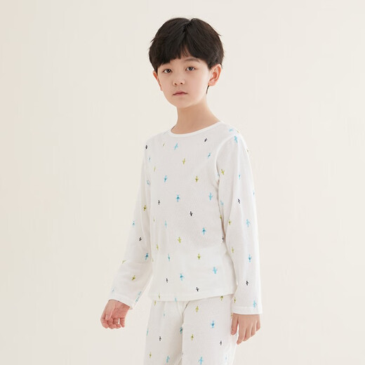 Red bean children's pure cotton home clothing set for men and women middle-aged children long-sleeved mesh spring and summer pajamas teenager mesh air conditioning suit 3271 (cactus) 120
