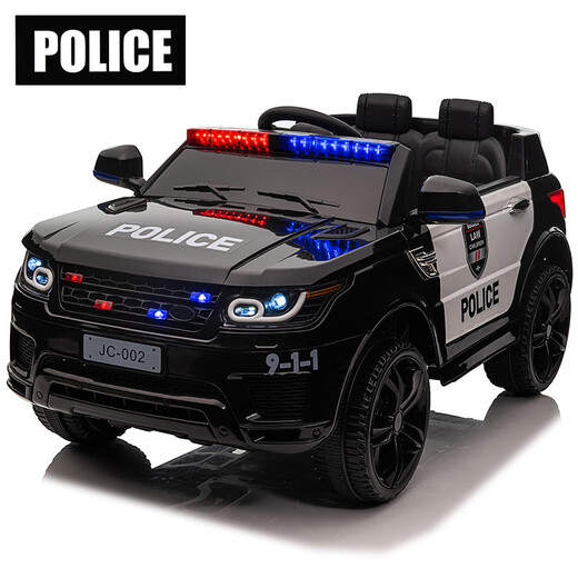 WORK BABY children's electric car four-wheel remote control toy car can sit in an adult off-road parent-child car, a child's baby double police car, children's model black, four-wheel drive + soft wheel + leather seat, electric drive
