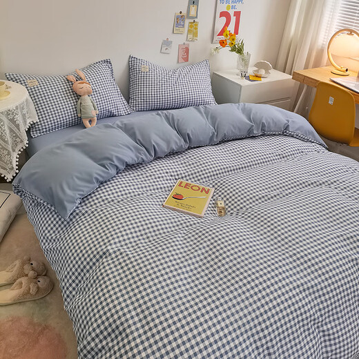 Playboy (PLAYBOY) four-piece bed skin-friendly summer ins Nordic style bed sheet quilt cover soft and comfortable single student dormitory bedding blue small grid 1.8m bed sheet style four-piece set (200*230cm quilt cover)