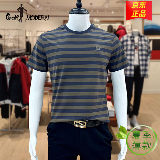 GOLF MODERN高尔夫t恤夏季短袖条纹薄款高端中年男士商务休闲色织圆领体恤 军绿6195 2XL
