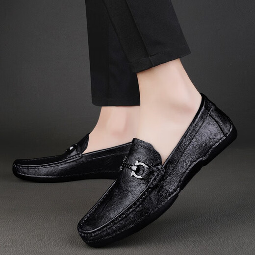 CLOHOO Doudou zapatos para hombres primavera y otoño de cuero de cuero genuino zapatos de cuero casual de cuero suave y transpirable anti-slip versátil pedal de una pieza negro 42 [tamaño de zapato de cuero]