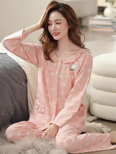 朵蕾汀睡衣女士秋季棉长袖家居服春秋款棉卡通薄款中年妈妈大码套装 9272红豆粉 M 码建议80斤-100斤