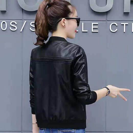Duoling Shier Short Jacket Women's PU Leather Jacket Women's Spring and Autumn New Style Plush Leather Jacket Korean Slim Leather Jacket Women's Short Black Regular Version 3XL 130-140Jin Jin is equal to 0.5 kg