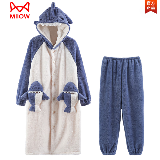 Cat Man (MiiOW) winter men's coral velvet nightgown with velvet thickened autumn and winter flannel men's robe warm pajamas set bathrobe velvet robe: L6187 Shark Men's L