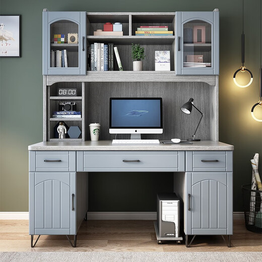 Shangjing Desk and Bookcase Combination Computer Desk Desktop Modern Simple Home Study Office Student Study Desk Q Style-Gray Technology Wood Color 100*60*190cm Single Desk