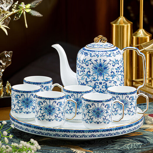 Hanming Jingdezhen Enamel high-end tea set complete living room household ceramic kettle and cup set moving to new home gift with tea and water separation 8-piece set | gift box