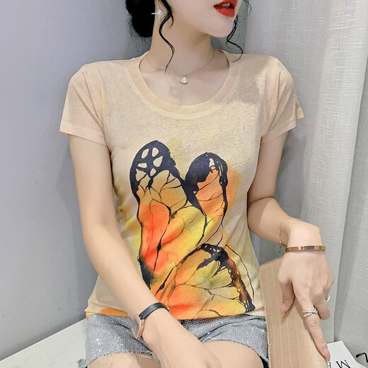 Offre spéciale, marque de luxe légère haut de gamme, nouveau T-shirt à manches courtes pour femmes d'été 2022, chemise de style occidental imprimée rétro, haut à manches mi-longues coupe slim pour femme, Blue Butterfly (7027) L (recommandé 100-120 Jin Jin équivaut à 0,5 kg)