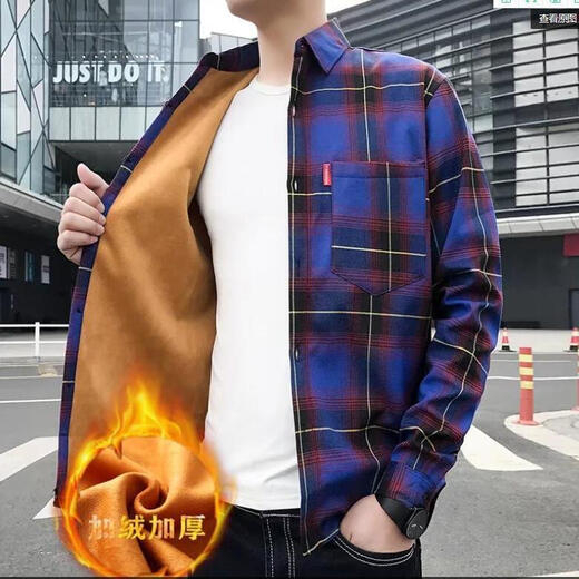 熊司令男士保暖衬衫秋冬季格子加绒加厚衬衣长袖港风金丝绒学生休闲外套 9905黑色衬衫 加绒 M